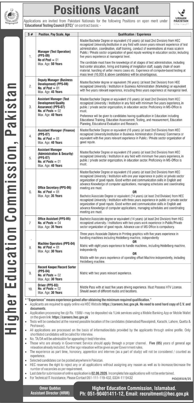 HEC jobs 2026 | Higher education commision jobs