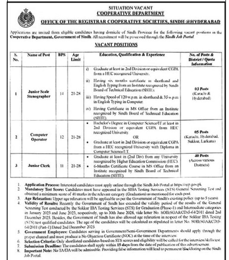 Computer Operator & Junior Clerk jobs in Sindh