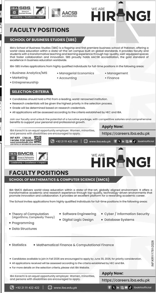 IBA Karachi faculty positions 2026
