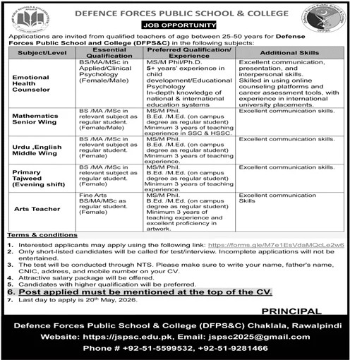 Defence Forces Public School jobs 2026