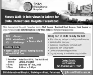 Shifa International Hospital nurses walk-in interview 2026