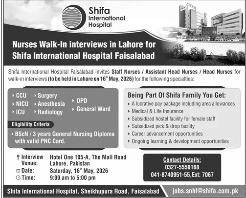 Shifa International Hospital nurses walk-in interview 2026