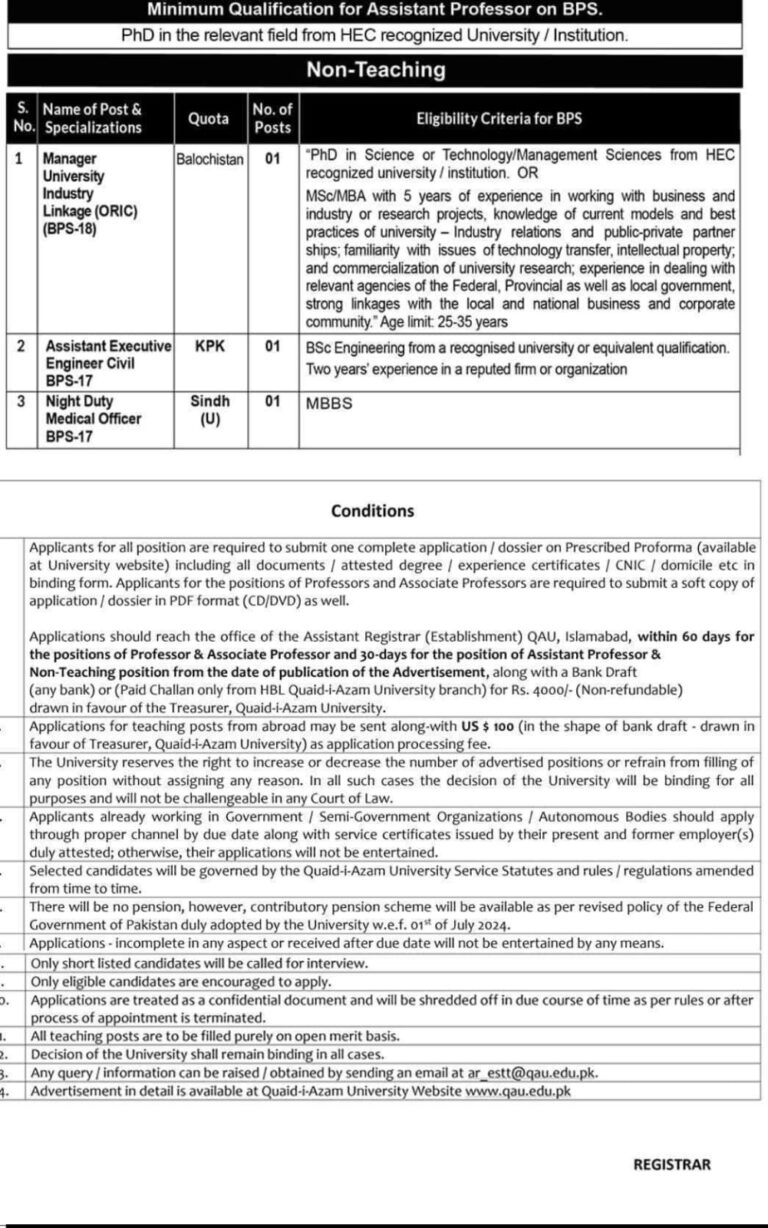 Quaid-i-Azam University Non-Teaching Jobs 2026