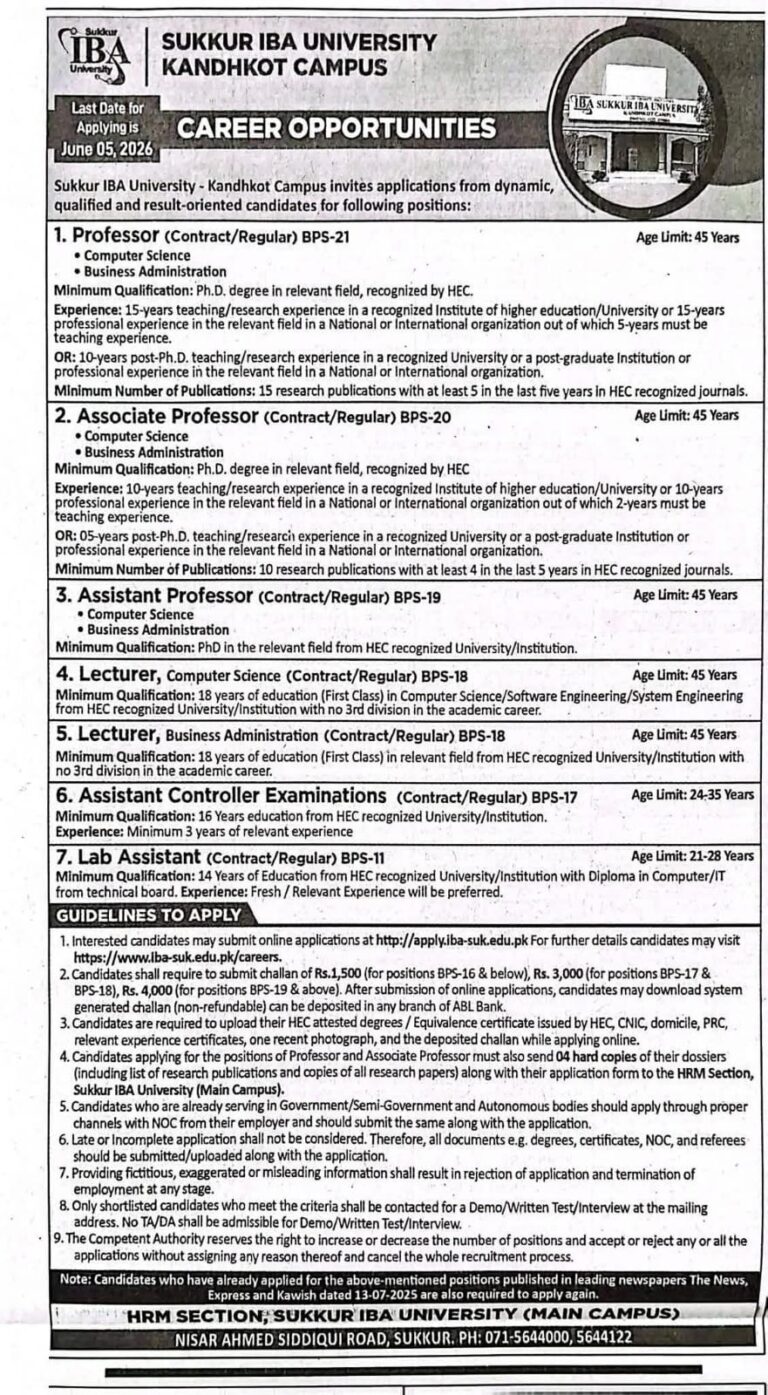 Sukkur IBA University jobs 2026