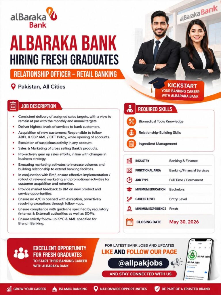 AlBaraka Bank jobs 2026 Relationship Officer fresh graduates Pakistan