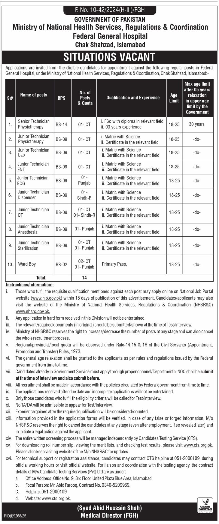 Federal General Hospital Jobs in Islamabad