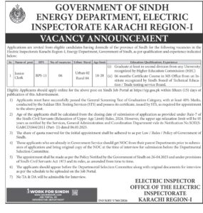 Electric Inspectorate Karachi jobs 2026 | Junior Clerk Jobs in karachi