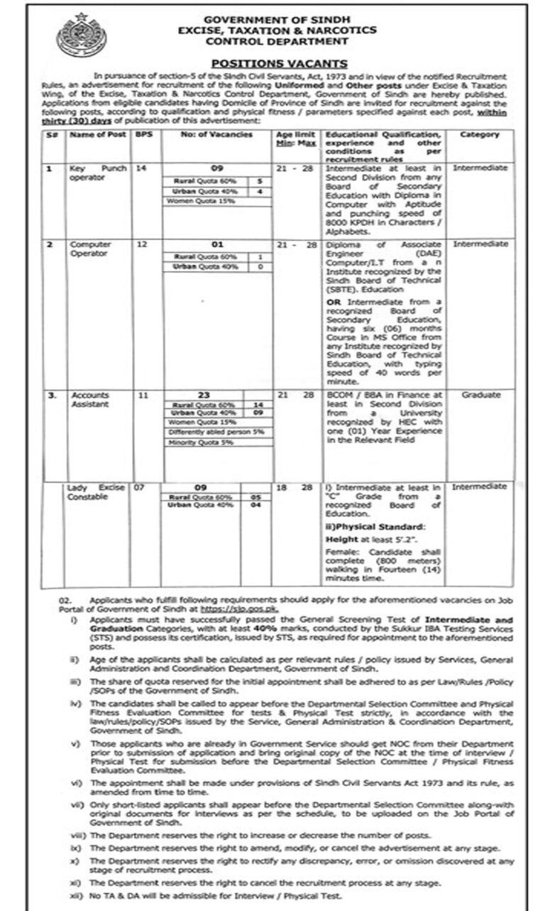 Sindh Excise Accounts Assistant jobs
