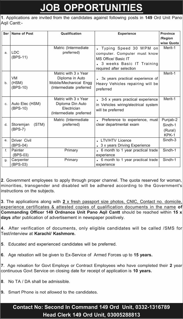 Pakistan Army Jobs in Pano Aqil